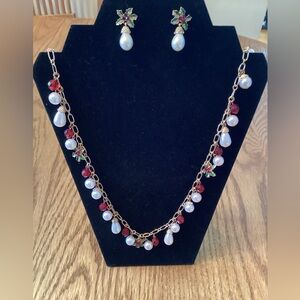 Holiday Lane collection Elegant Gold and Red Pearl Necklace and Earring Set